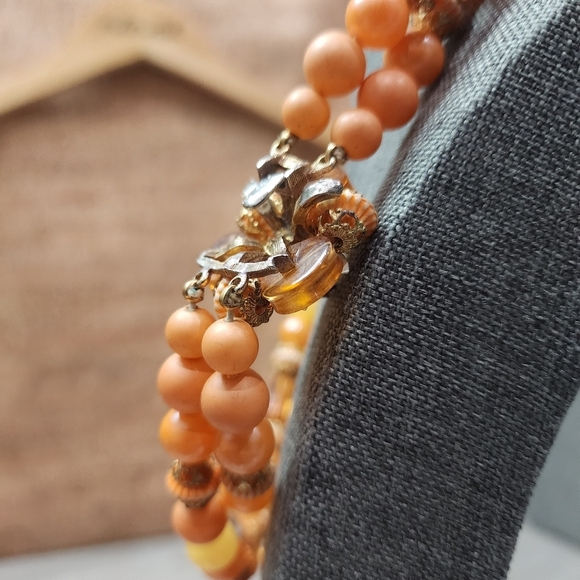 Vintage Double Strand Peach & Amber Bead Necklace w/ Floral Accent - Picture 8 of 10